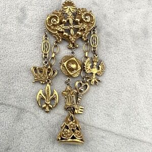 Vintage Chatelain Brooch Gold Tone Watch Fob Eagle Crown Heraldic